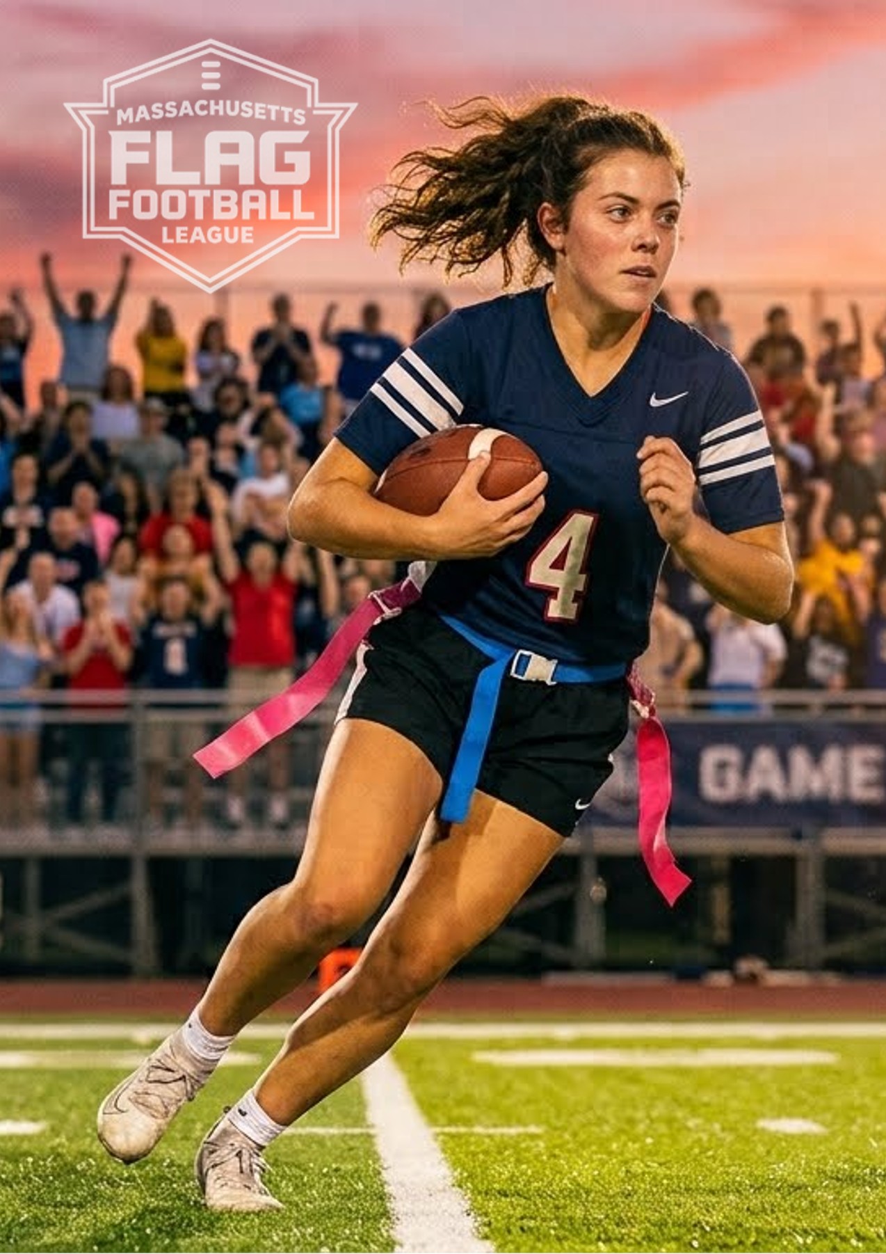 Female flag football player making a play